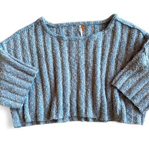 Free People Blue Crew Neck Pullover Textured Knit Beach Crop Oversized Sz XS